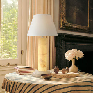 Moorizon Calista alabaster table lamp — styled in living room with natural daylight