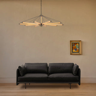 Edge Collection four-seat leather sofa with minimalist metal base and aurora embrace chandelier, Moorizon