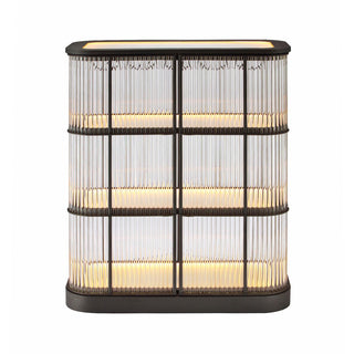 front view of illuminated rectangular LED bar cabinet with metal frame and glass shelves