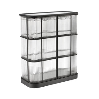 angle view of rectangular LED bar cabinet with metal frame and glass shelves
