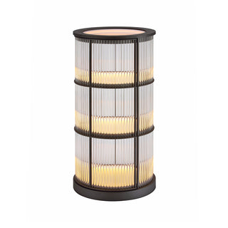 front view of round illuminated LED bar cabinet with glass door and metal framing