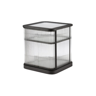 angle view of square bar cabinet with LED shelves and minimalist frame