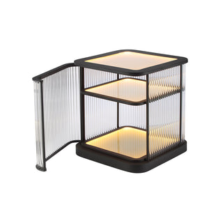 front angle view of LED bar cabinet with fluted glass and square silhouette