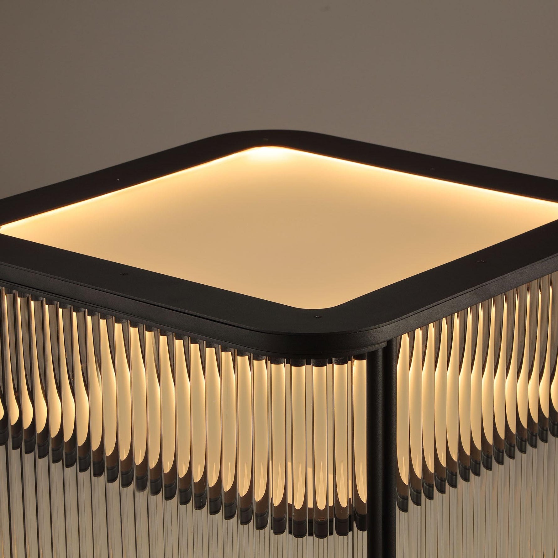 top-down view of square LED bar cabinet with built-in lighting and metal slats