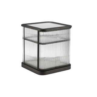 side view of contemporary square bar cabinet with LED-lit shelves and glass doors