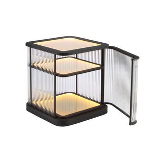 angle view of square LED bar cabinet with glass panels and right-hinged door