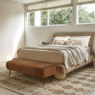 Moorizon Golden Stripe Bench – Luxury upholstered bench with gold stripe detail, perfect for entryway or bedroom seating