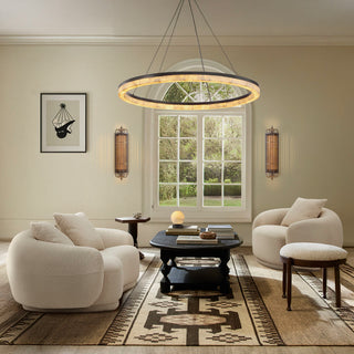 Lovenest white bouclé curved sofa set, calista round ring chandelier, urban glow wall sconce and moonlit table lamp styled in a modern living room, Moorizon