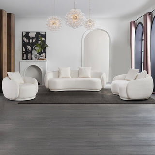 Moorizon Lovenest curved sofa set in white boucle with spiral bubble chandelier in modern curved living room sofa design