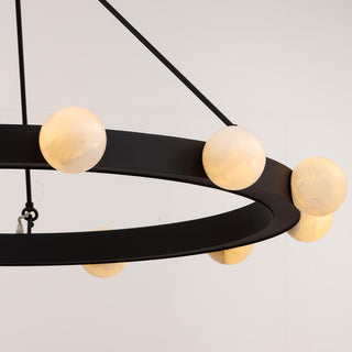 Moorizon Luna Orbit 48 inch medium chandelier close up, black ring and glowing glass orbs
