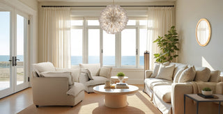 Moorizon luxury living room with chandelier and coffee table, modern elegant interior
