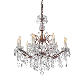 Warmly lit Moorizon Rustline 12-light crystal chandelier with candle-style bulbs, ornate iron frame, and cascading crystal accents on a white background