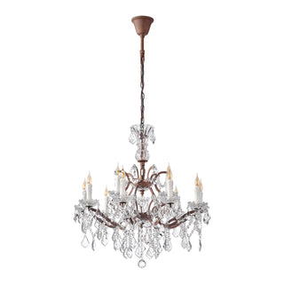 Unlit Moorizon Rustline 12-light crystal chandelier with curved iron arms, crystal drops, and hanging chain on a white background