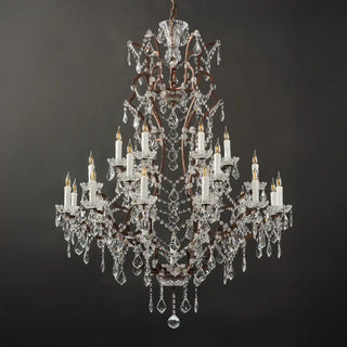Moorizon Rustline 25-light crystal chandelier with layered K9 crystals and antique iron frame, black background full view