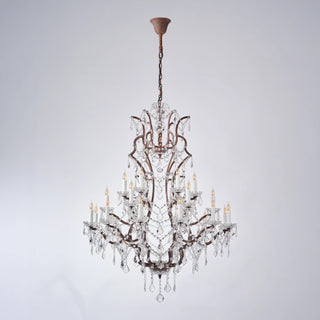 Unlit Moorizon Rustline 25-light crystal chandelier with ornate iron frame, cascading crystal accents, and ceiling chain on a white background