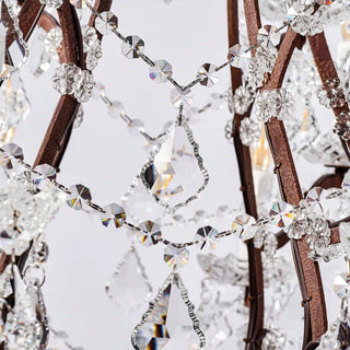 Moorizon Rustline 25-light crystal chandelier close-up showing faceted K9 crystals and decorative metal chain details, white background detail view