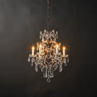 Moorizon Rustline 6-light crystal chandelier with warm candle lights, iron frame, and crystal drops, light on in black background full view