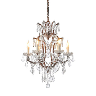 Warmly lit Moorizon Rustline 6-light crystal chandelier with candle-style bulbs, crystal drops, and ornate iron frame on a white background