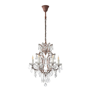 Unlit Moorizon Rustline 6-light crystal chandelier with candle sleeves, curved iron arms, and cascading crystal accents on a white background