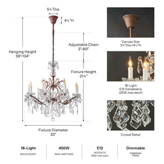 Dimension and spec diagram of the Rustline 12-Light Crystal Chandelier. Details are in the Dimensions and Electrical sections.