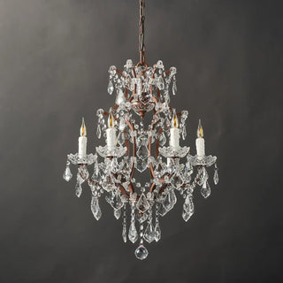 Moorizon Rustline 6-light crystal chandelier with iron frame and cascading crystal accents, black background full view, unlit