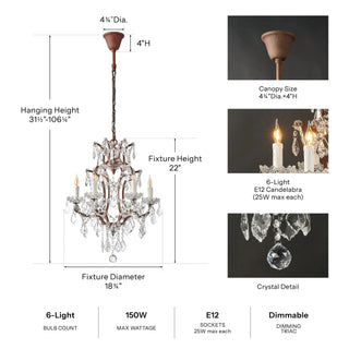 Dimension and spec diagram of the Rustline 6-Light Crystal Chandelier. Details are in the Dimensions and Electrical sections.