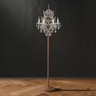 Unlit Moorizon Rustline crystal floor lamp with a chandelier-inspired crystal shade, slender metal pole, and round base on a black background