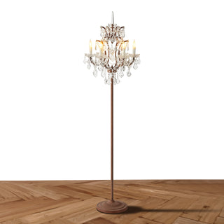Rustline Crystal Floor Lamp with an aged iron frame and sparkling crystal details, shown on a clean white background.