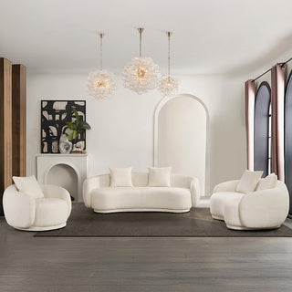 Moorizon Spiral Bubble glass chandelier with nickel finish and ultra-warm bulbs, and lovenest sofa set in a living room setting