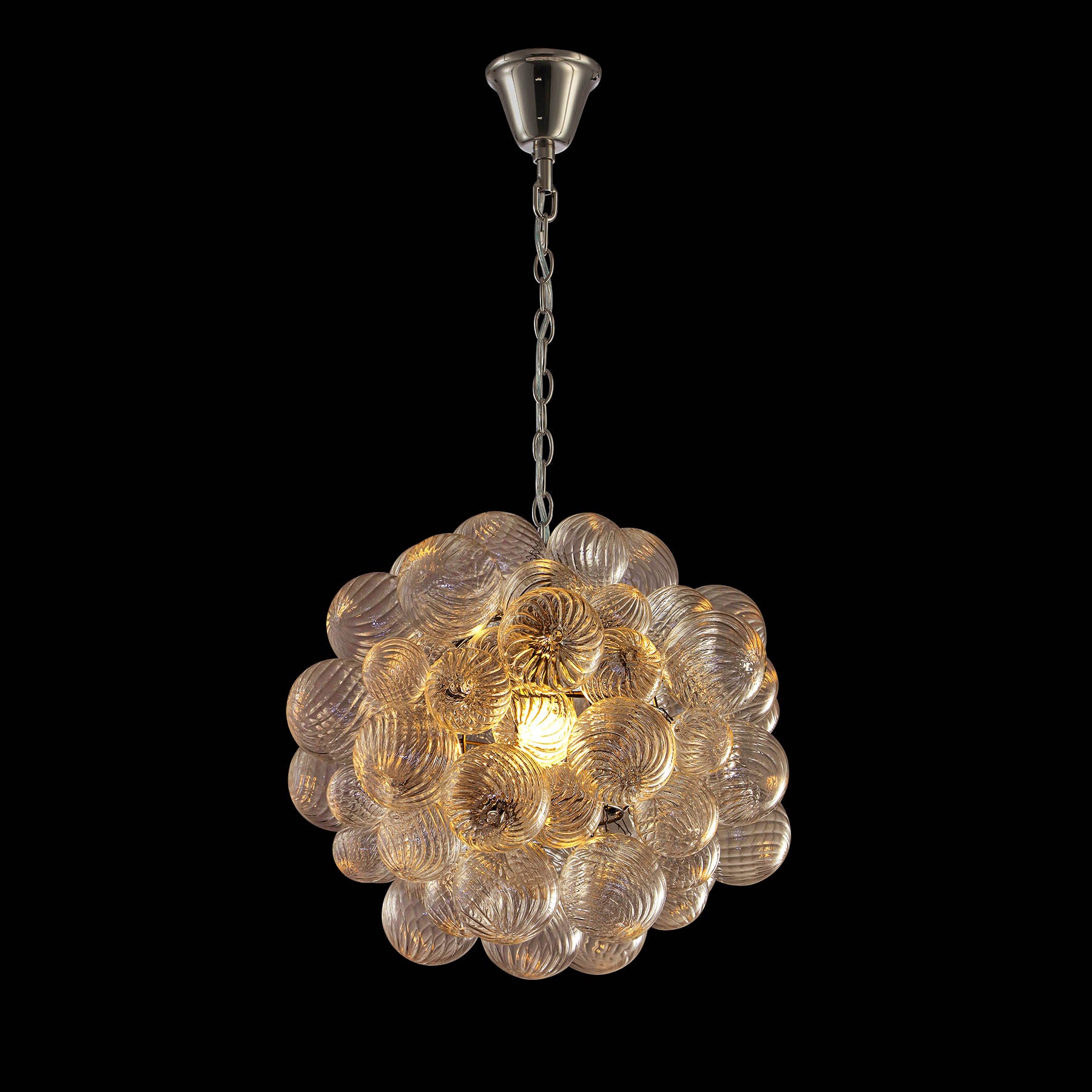 Moorizon Spiral Bubble glass pendant — product view on dark background with warm glow