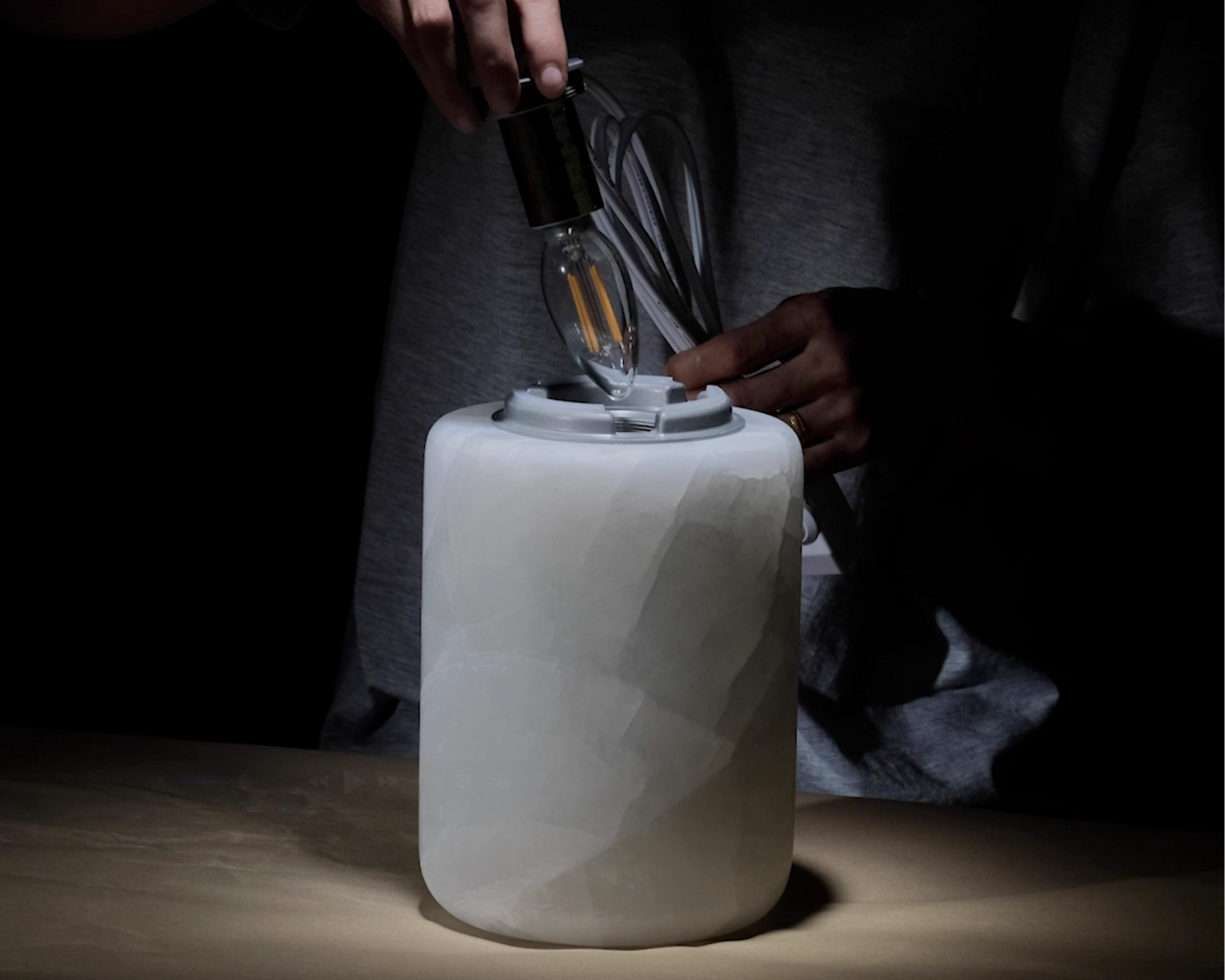 Stone lamp craftsmanship — preparation and workspace with materials