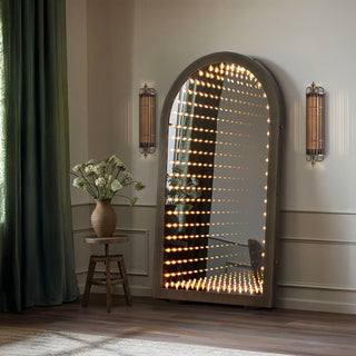 Moorizon Timeless Gate oversized arched floor mirror with grid frame and urban glow wall sconce