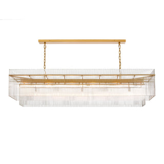 72-inch Timelore Rectangular Chandelier on a white background, designed with rows of individual clear glass rods and brass accents.