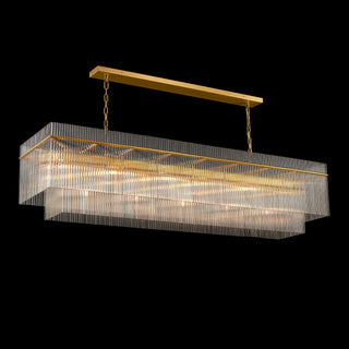 Lit 72-inch Timelore Rectangular Chandelier on a black background, featuring individual glass rods and a warm brass suspension frame.