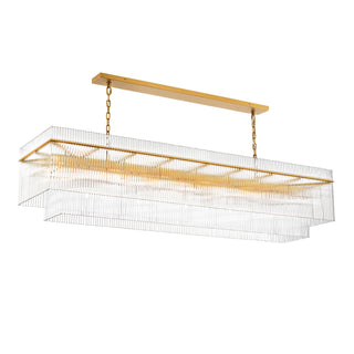 Angled view of the 72-inch Timelore Rectangular Chandelier on a white background, showing its brass frame and individual glass rods.