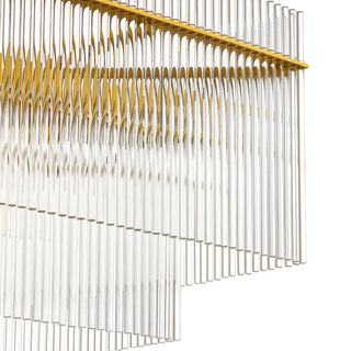Timelore Rectangular Chandelier on a white background, featuring individual clear glass rods arranged along a brass linear frame.