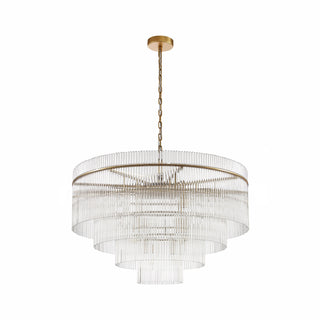 small timelore chandelier with layered crystal tiers and warm aged brass finish