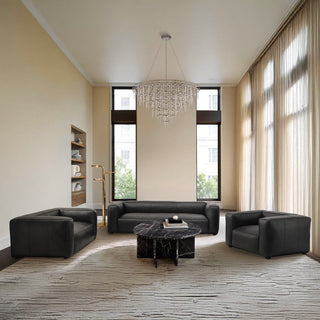 Moorizon Titan Luxe black leather sofas, stardust chandelier with contemporary luxury leather seating set