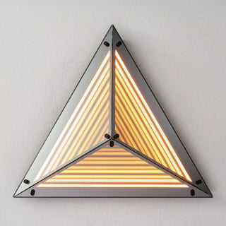 Warmly lit Moorizon Trigon LED infinity glass mirror in an upright triangular design with layered amber LED lines on a white background