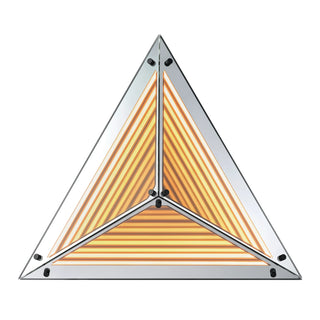 Warmly lit Moorizon Trigon LED infinity glass mirror in an upright triangular design with infinity-style amber light lines on a white background