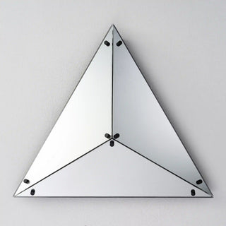Unlit Moorizon Trigon LED infinity glass mirror in an upright triangular design with reflective glass panels on a white background