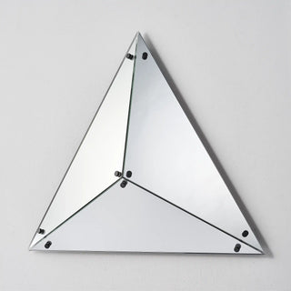Unlit Moorizon Trigon LED infinity glass mirror in an upright triangular design with reflective glass panels on a white background