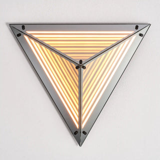 Warmly lit Moorizon Trigon LED infinity glass mirror in an inverted triangular design with layered amber LED lines on a white background