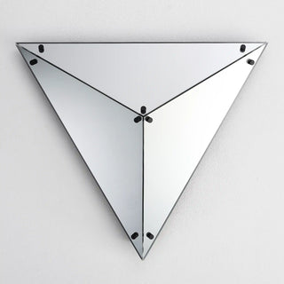 Unlit Moorizon Trigon LED infinity glass mirror in an inverted triangular design with reflective glass panels on a white background