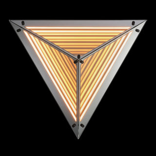 Warmly lit Moorizon Trigon LED infinity glass mirror in an inverted triangular design with layered amber light lines on a black background