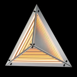 Warmly lit Moorizon Trigon LED infinity glass mirror in an upright triangular design with layered amber light lines on a black background