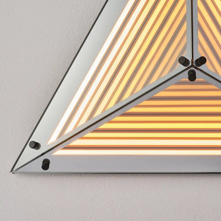 Warmly lit Moorizon Trigon LED infinity glass mirror detail with amber infinity light lines, mirrored glass panels, and slim metal framing