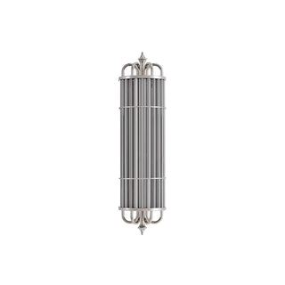 Urban Glow sconce with cool gray ribbed rods and polished stainless steel frame, isolated on white background