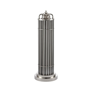 Front view of Urban Glow table lamp with gray tinted rods and brushed metal frame, isolated on white background
