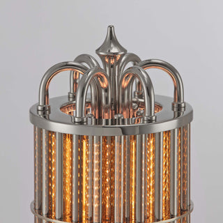 top angle view of Urban Glow table lamp showcasing ribbed glass rods, polished chrome finish, and art deco-style crown detail against neutral backdrop